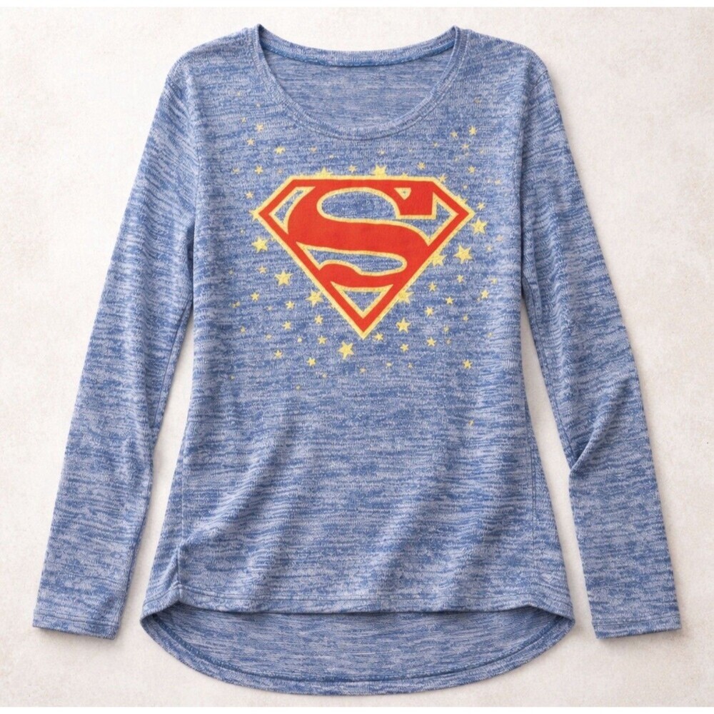 Superman Womens Heather Blue Gold Stars Long Sleeve Pullover Top Size 11-13/L